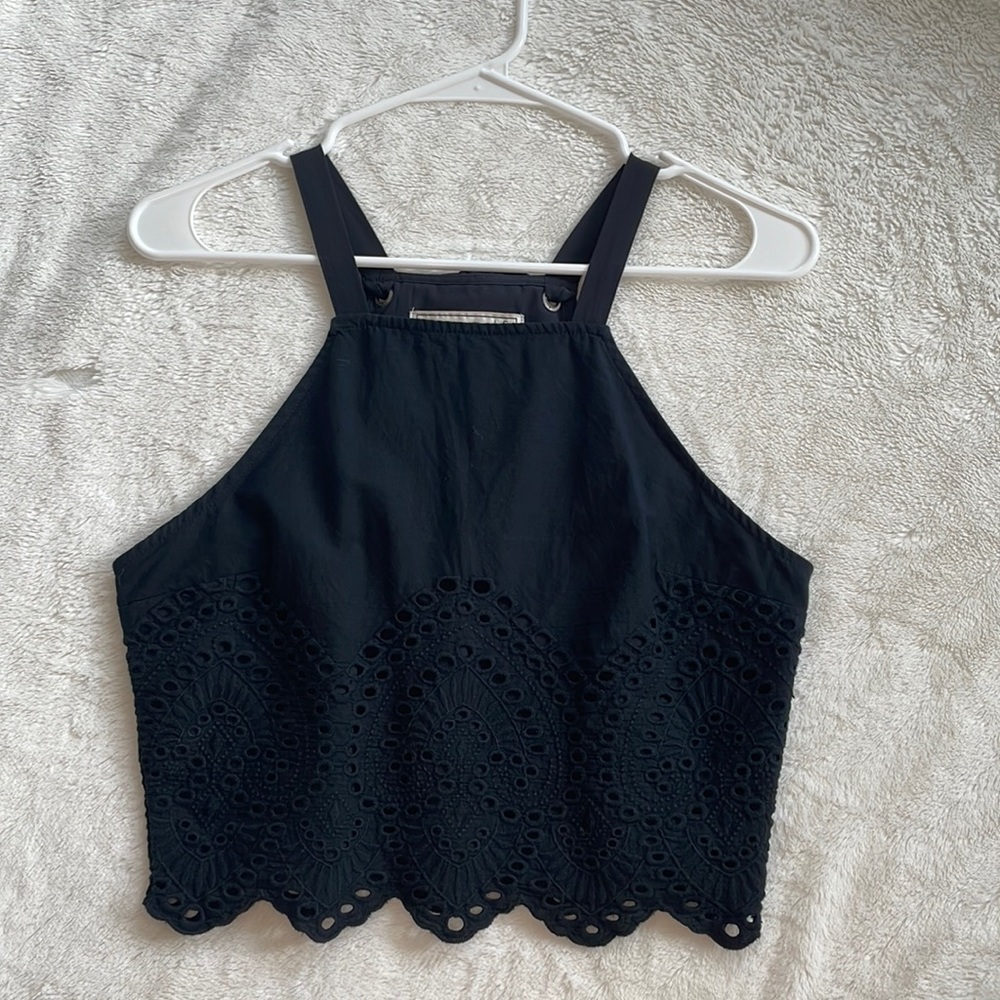Abercrombie & Fitch Black Halter Crop Top with Lace and Scallop Details